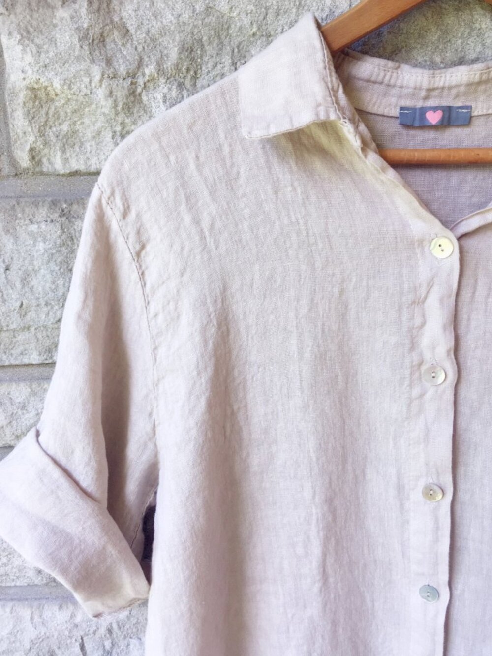 100% Linen Taupe Button-Down Shift Dress